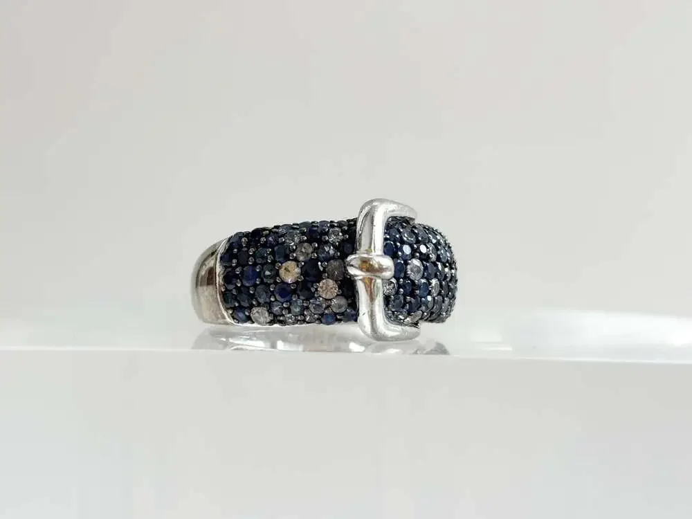 Belt Buckle Multi Shade Blue Topaz Cluster Round Cut Gemstone Sterling Silver 92
